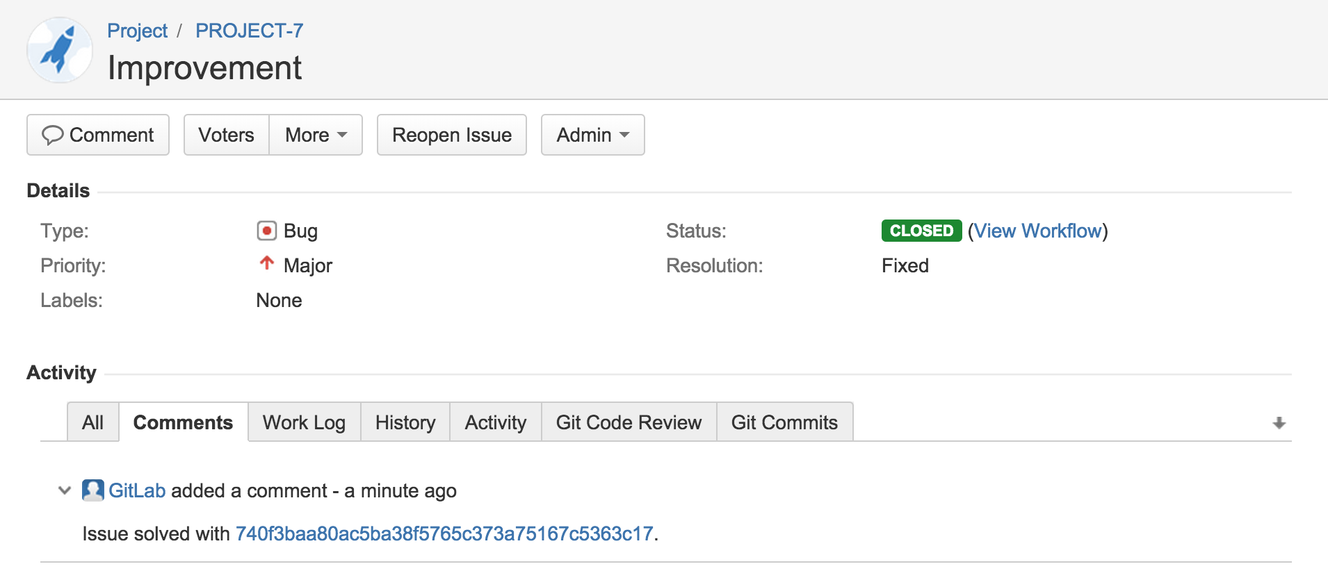 The GitLab integration user leaves a comment on Jira